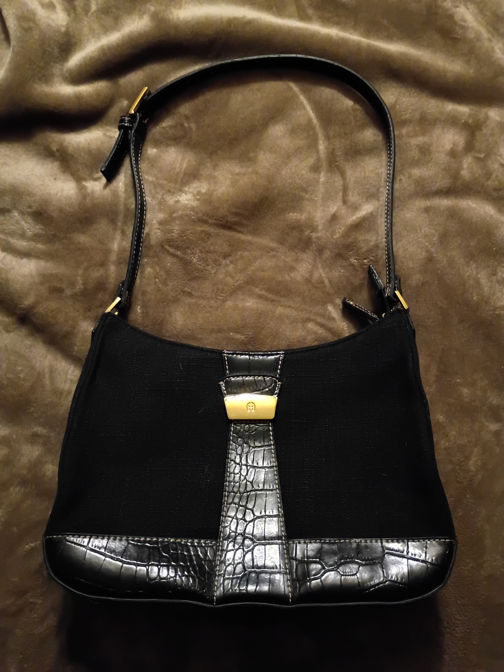 Etienne Aigner Black Shoulder Bag with Croc-Trim and Gold Accent